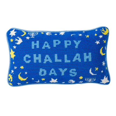 Happy Challah Days Needlepoint Pillow Pillows Furbish Blue 
