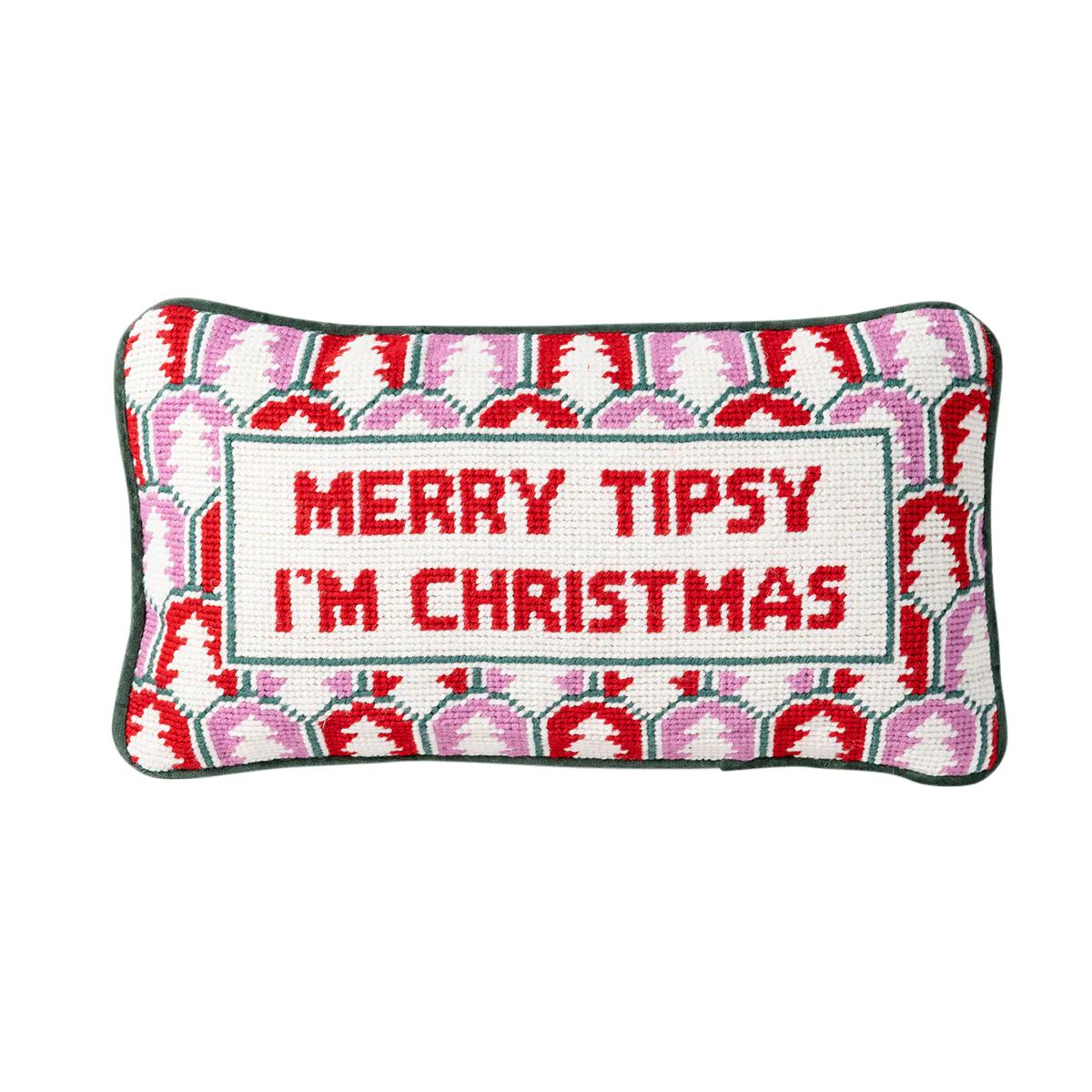 Merry Tipsy I'm Christmas Needlepoint Pillow Pillows Furbish Red 