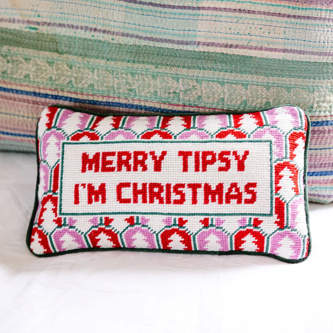 Merry Tipsy I'm Christmas Needlepoint Pillow Pillows Furbish 